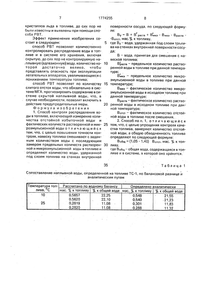 Способ контроля распределения воды в топливе (патент 1774255)