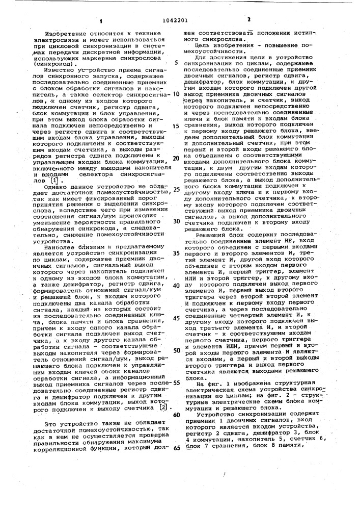 Устройство синхронизации по циклам (патент 1042201)