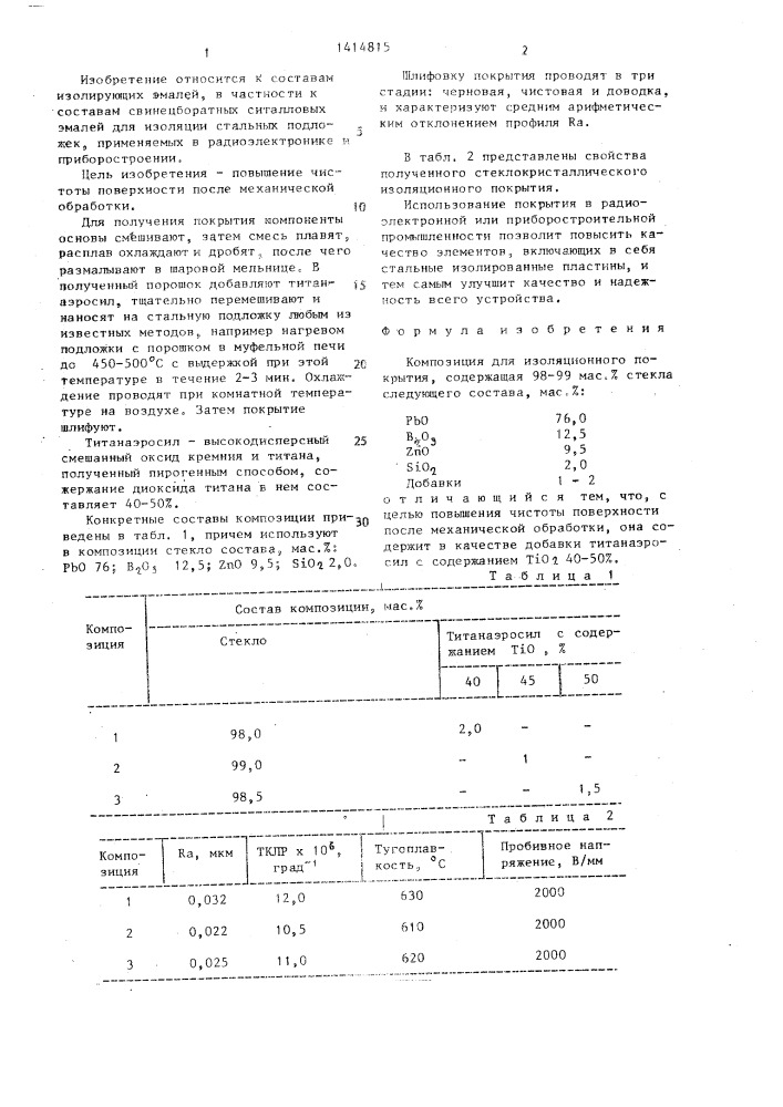 Композиция для изоляционного покрытия (патент 1414815)