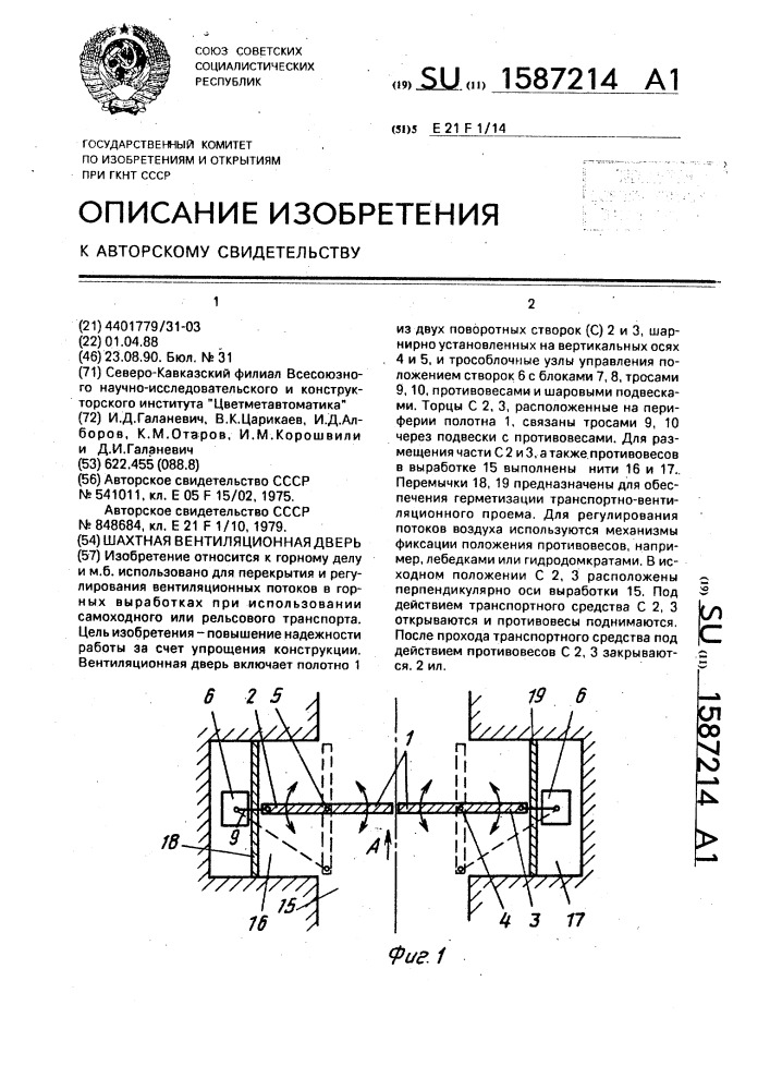 Шахтная вентиляционная дверь (патент 1587214)