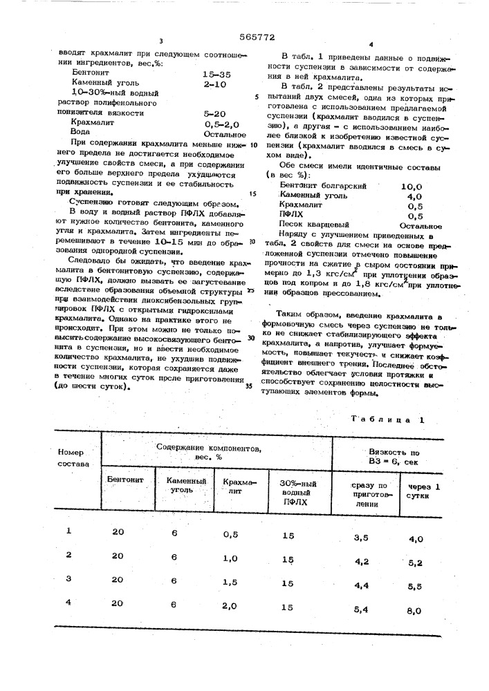 Суспензия для литейных формовочных и стержневых смесей (патент 565772)