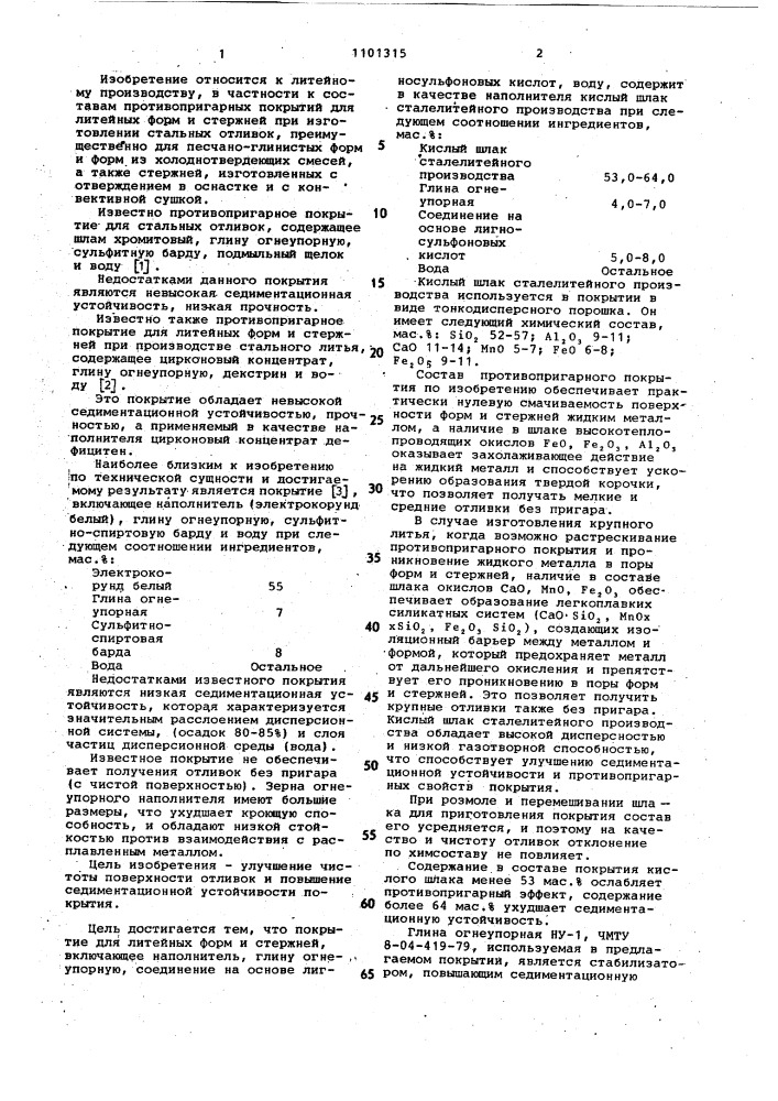Противопригарное покрытие для литейных форм и стержней (патент 1101315)