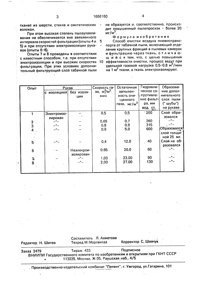 Способ очистки воздуха пневмотранспорта от табачной пыли (патент 1666160)