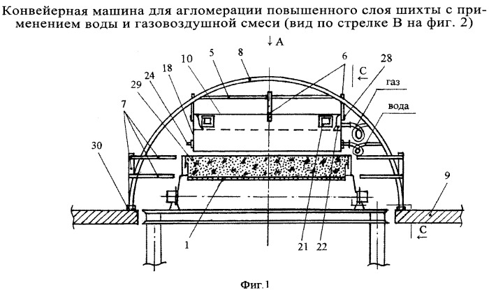 Конвейерная машина богомолова для агломерации повышенного слоя шихты с применением воды и газовоздушной смеси (патент 2530920)