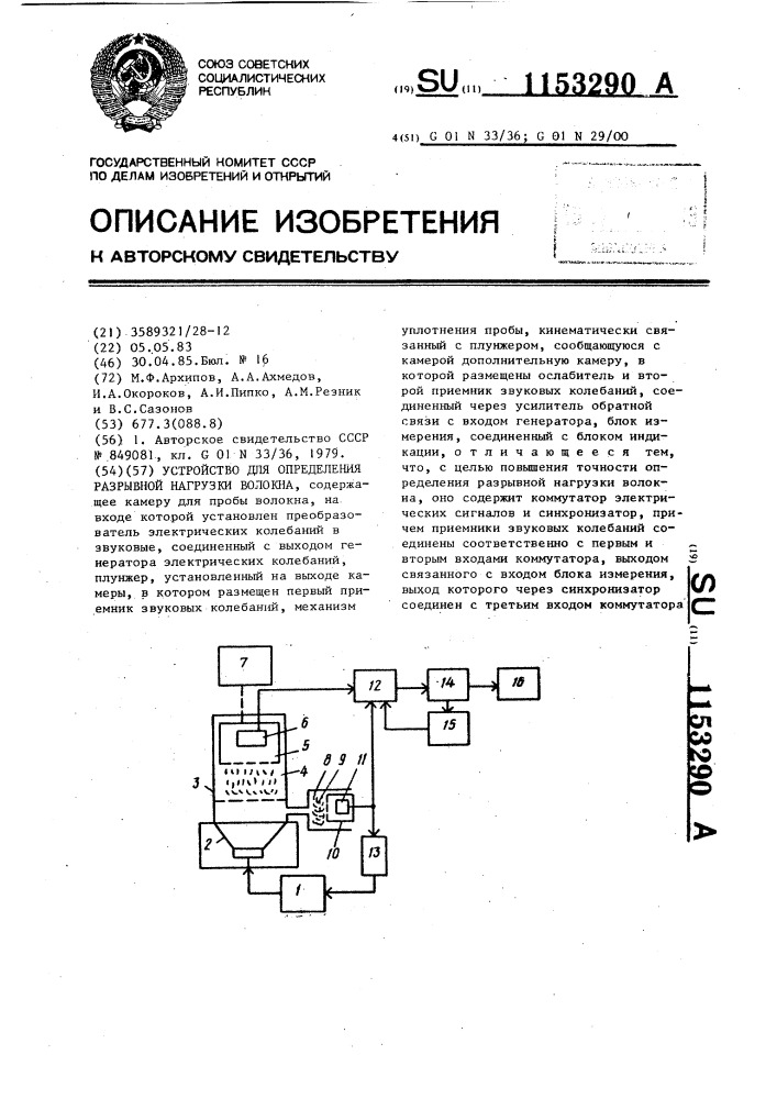 Устройство для определения разрывной нагрузки волокна (патент 1153290)