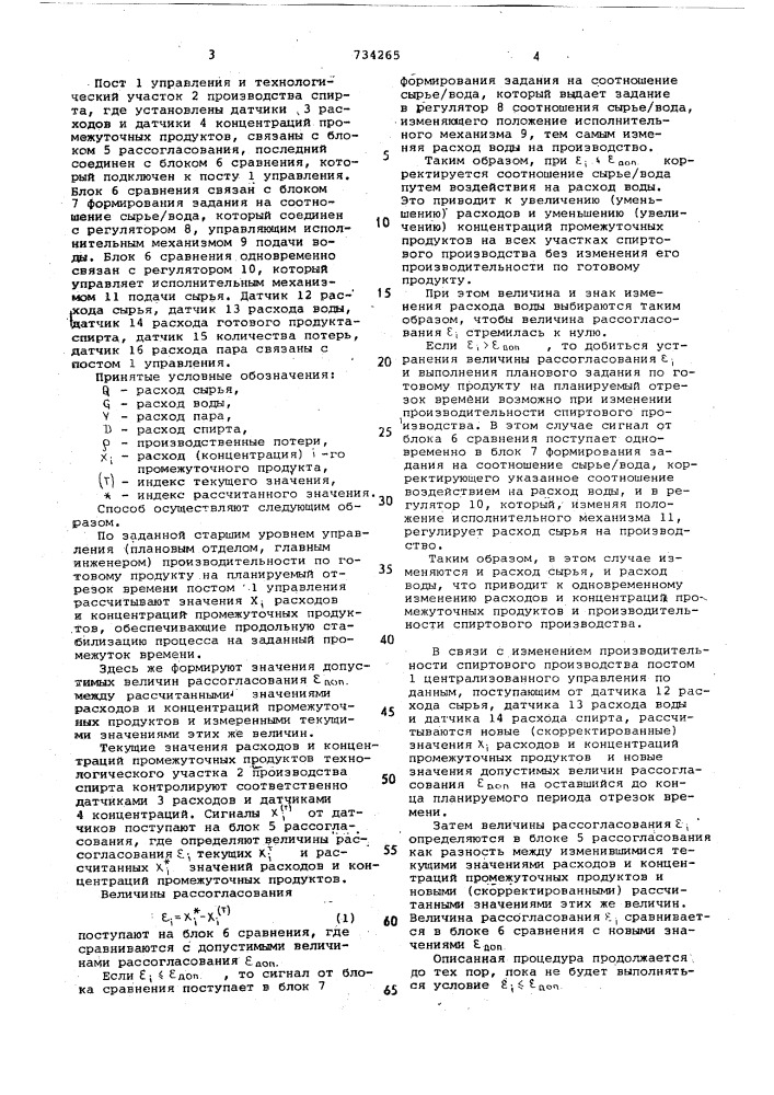 Способ управления процессом производства спирта (патент 734265)