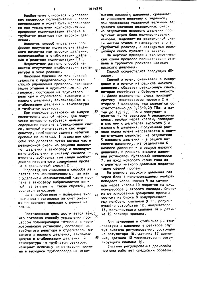 Способ управления процессом полимеризации этилена в крупнотоннажной установке (патент 1014835)