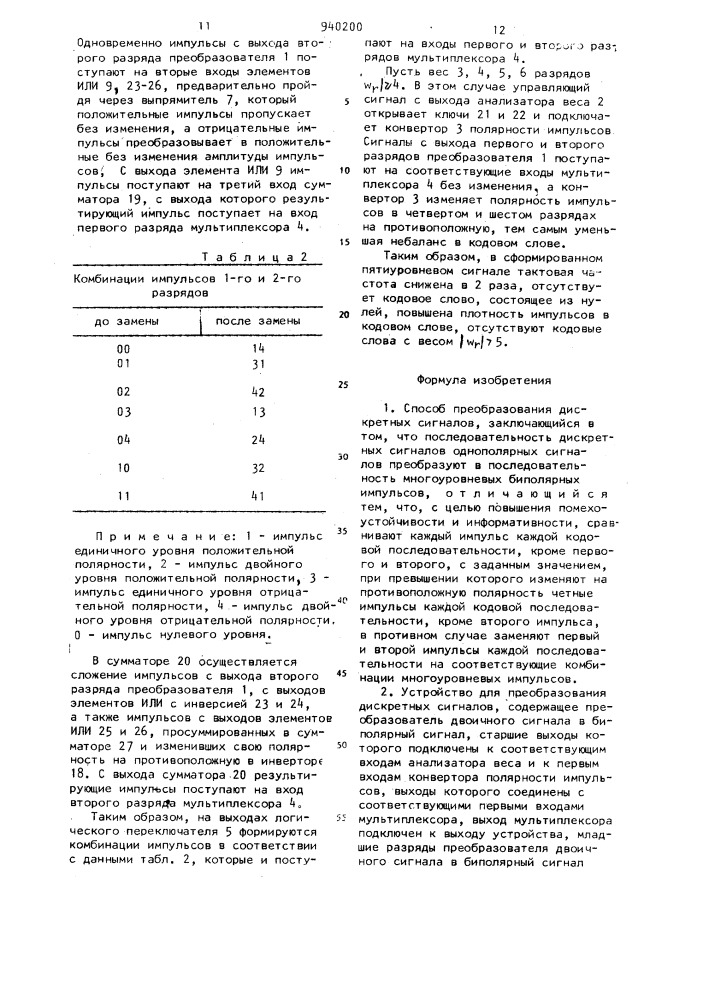 Способ преобразования дискретных сигналов и устройство для его осуществления (патент 940200)