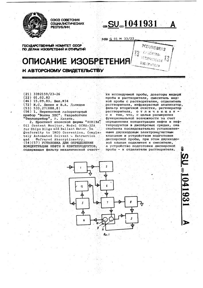 Установка для измерения концентрации нефти и нефтепродуктов (патент 1041931)