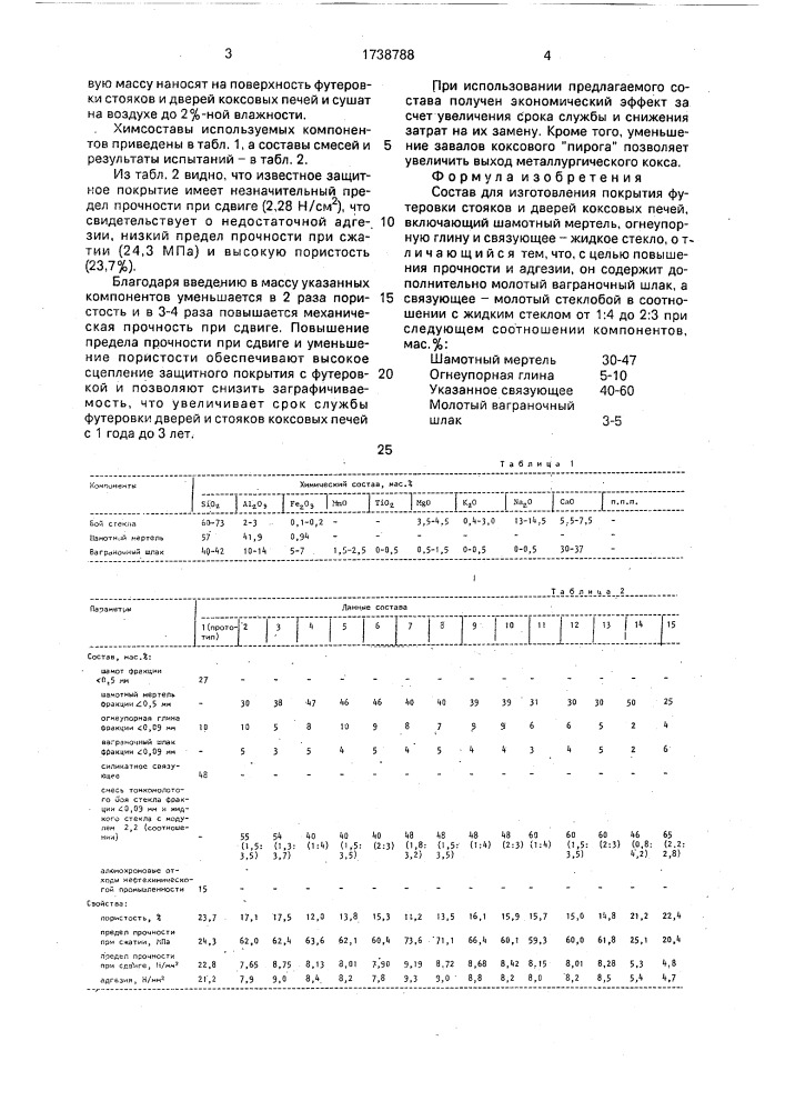 Состав для изготовления покрытия футеровки стояков и дверей коксовых печей (патент 1738788)