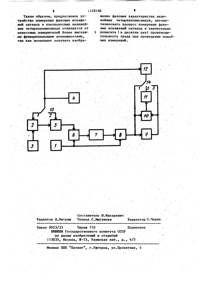 Устройство измерения фазовых искажений сигнала в узкополосных нелинейных четырехполюсниках (патент 1128186)