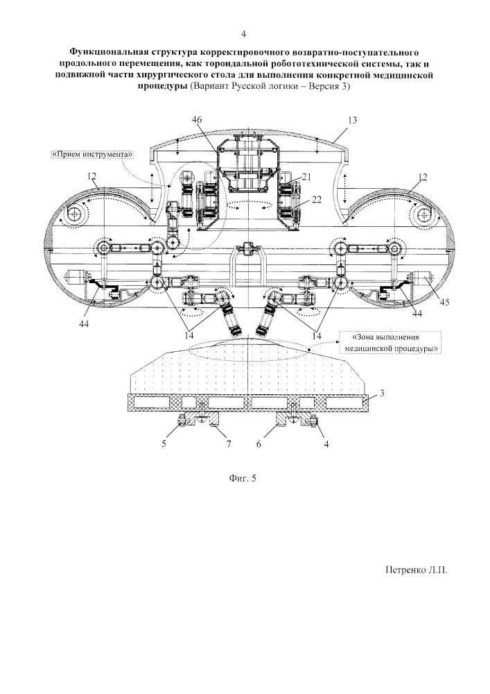 Функциональная структура корректировочного возвратно-поступательного продольного перемещения как тороидальной робототехнической системы, так и подвижной части хирургического стола для выполнения конкретной медицинской процедуры (вариант русской логики - версия 3) (патент 2618180)