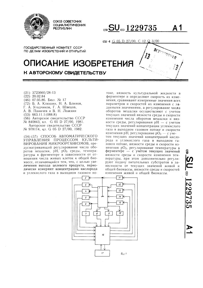 Способ автоматического управления процессом культивирования микроорганизмов (патент 1229735)