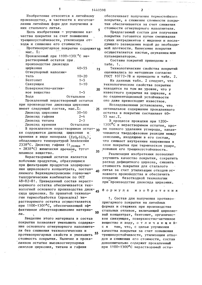 Состав для получения противопригарного покрытия на литейных формах и стержнях при производстве стальных отливок (патент 1440598)