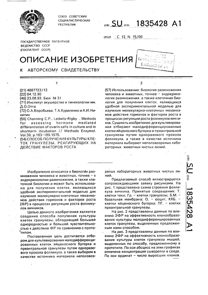 Способ получения культуры клеток гранулезы, реагирующих на действие факторов роста (патент 1835428)