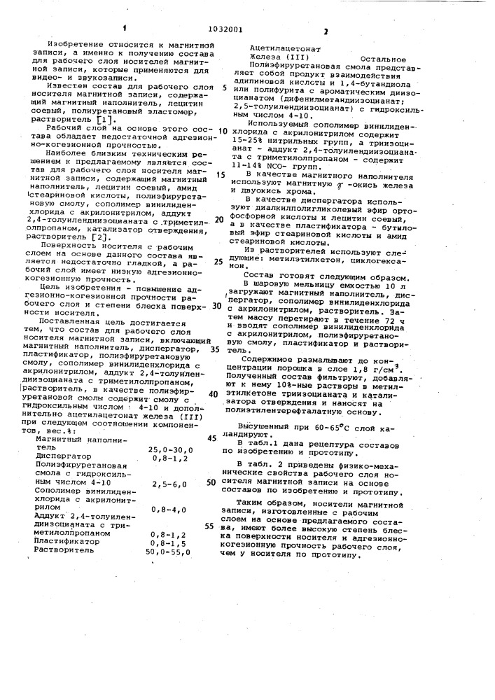 Состав для рабочего слоя носителя магнитной записи (патент 1032001)