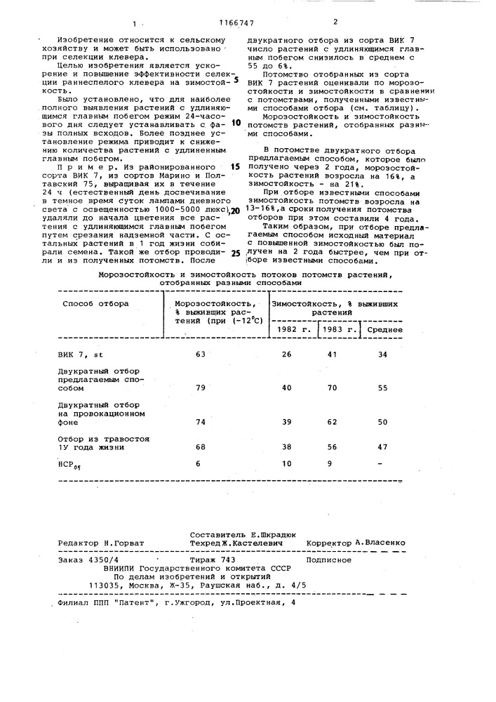 Способ селекции раннеспелого клевера на зимостойкость (патент 1166747)