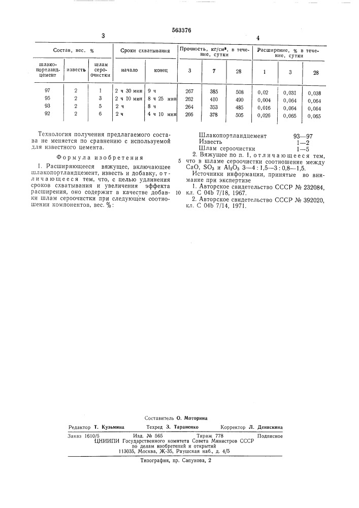 Расширяющееся вяжущее (патент 563376)