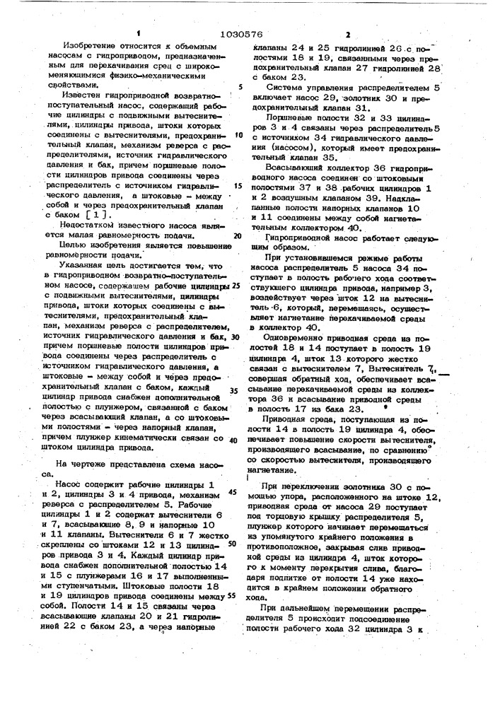 Гидроприводной возвратно-поступательный насос (патент 1030576)