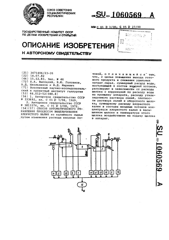 Способ автоматического управления процессом выщелачивания хлористого калия (патент 1060569)