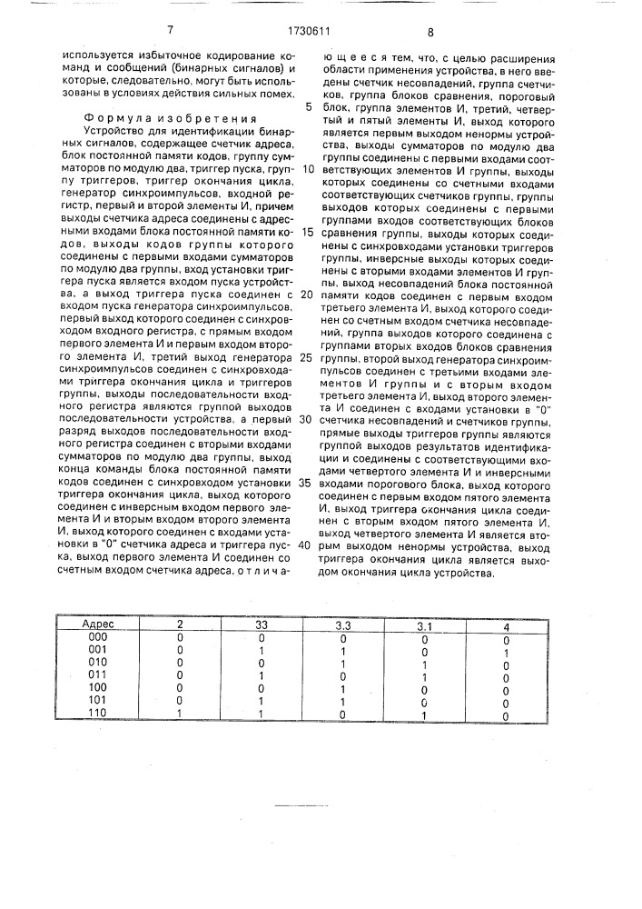 Устройство для идентификации бинарных сигналов (патент 1730611)