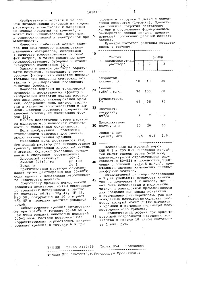 Водный раствор для никелирования кремния (патент 1010158)