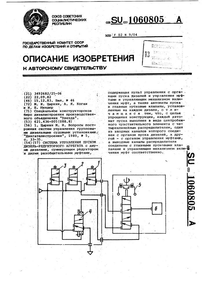 Система управления пуском дизель-редукторного агрегата (патент 1060805)
