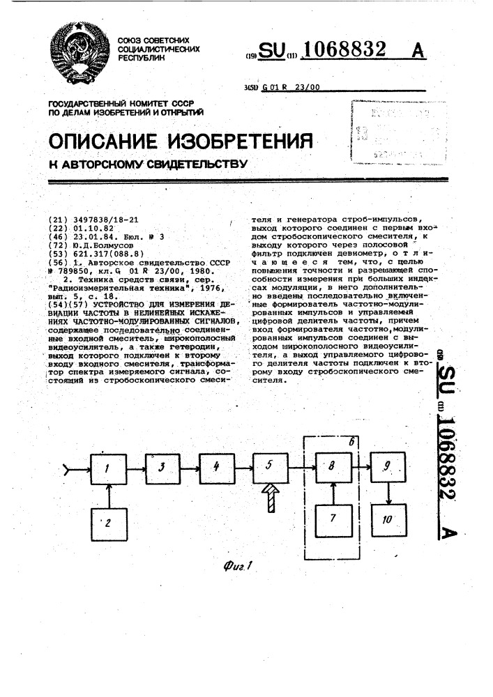 Устройство для измерения девиации частоты и нелинейных искажений частотно-модулированных сигналов (патент 1068832)