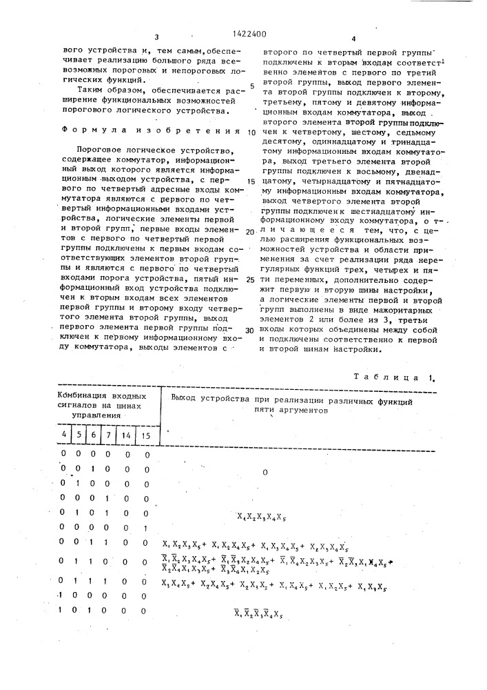 Пороговое логическое устройство (патент 1422400)