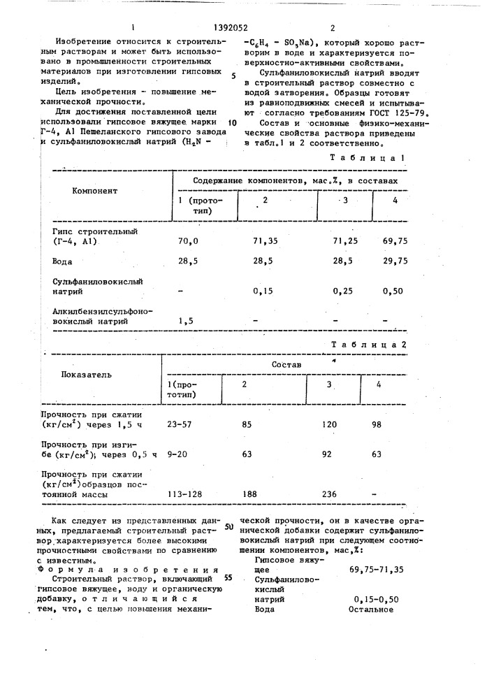 Строительный раствор (патент 1392052)