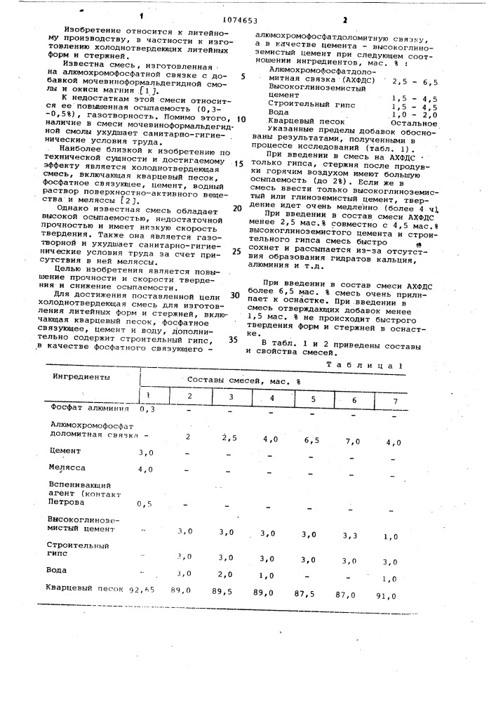 Холоднотвердеющая смесь для изготовления литейных форм и стержней (патент 1074653)