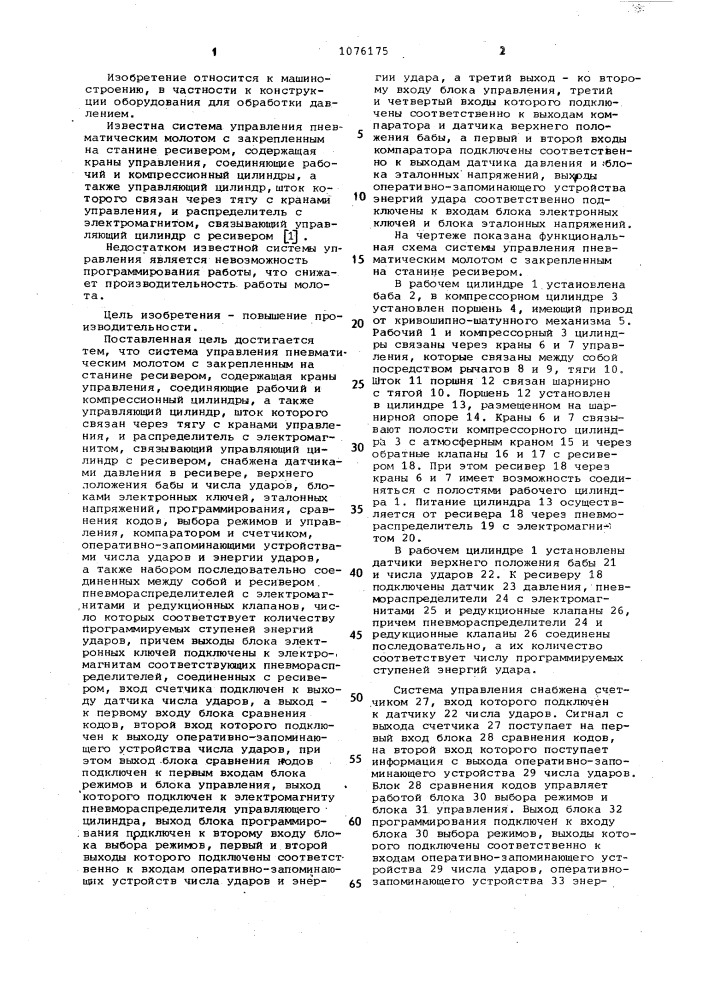 Система управления пневматическим молотом с закрепленным на станине ресивером (патент 1076175)