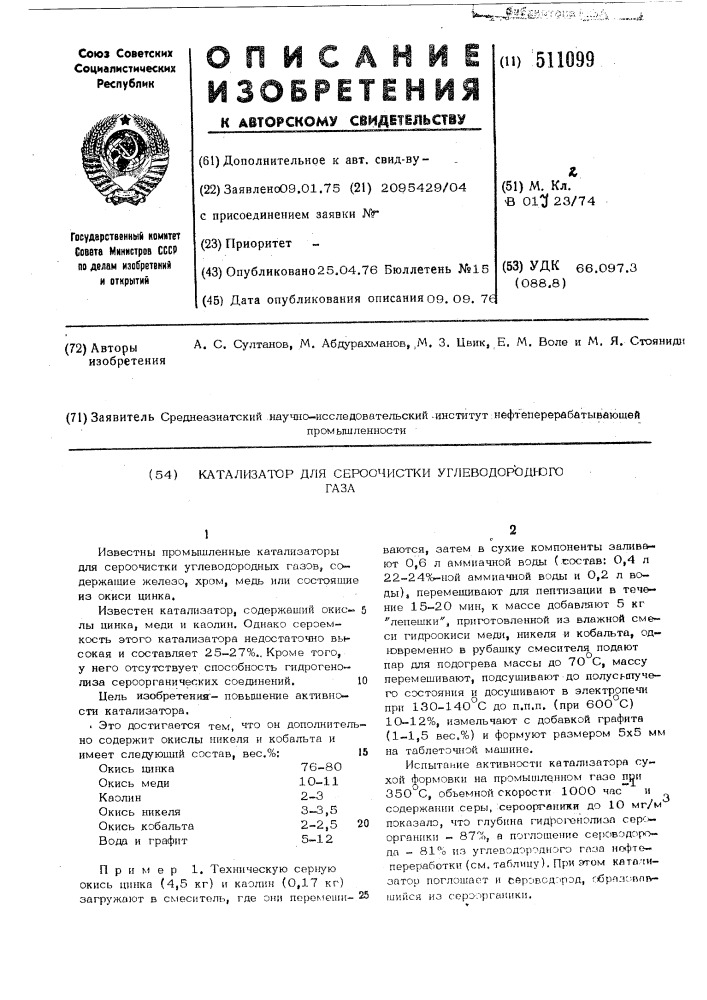 Катализатор для сероочистки углеводородного газа (патент 511099)