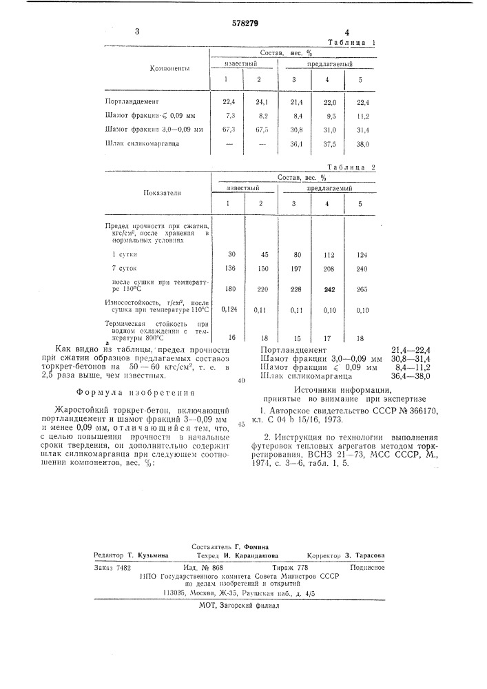 Жаростойкий торкрет-бетон (патент 578279)