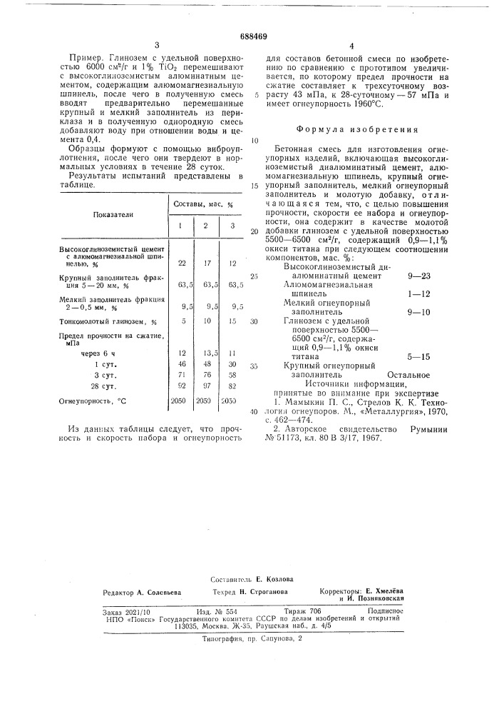 Бетонная смесь для изготовления огнеупорных изделий (патент 688469)