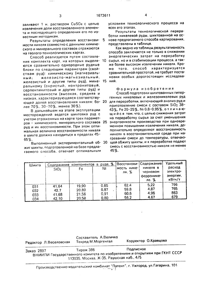 Способ подготовки шихтованных гипергенных никелевых и железо-никелевых руд для переработки (патент 1673611)