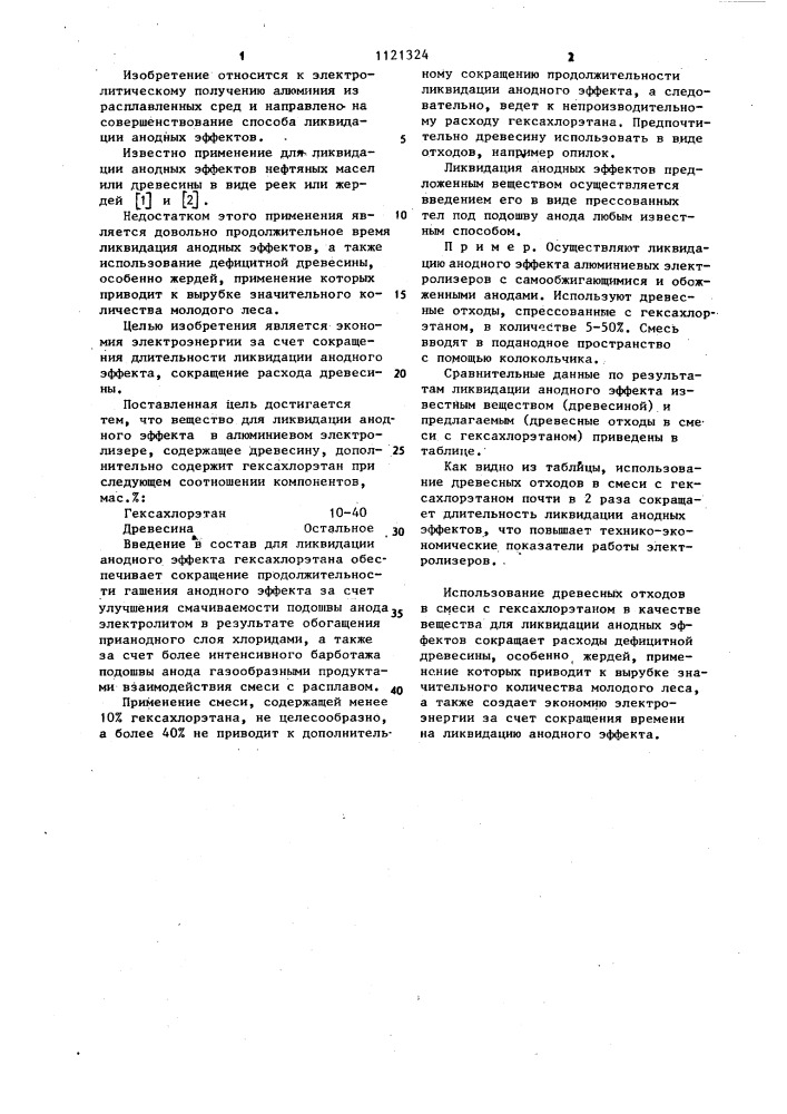 Вещество для ликвидации анодного эффекта в алюминиевом электролизере (патент 1121324)