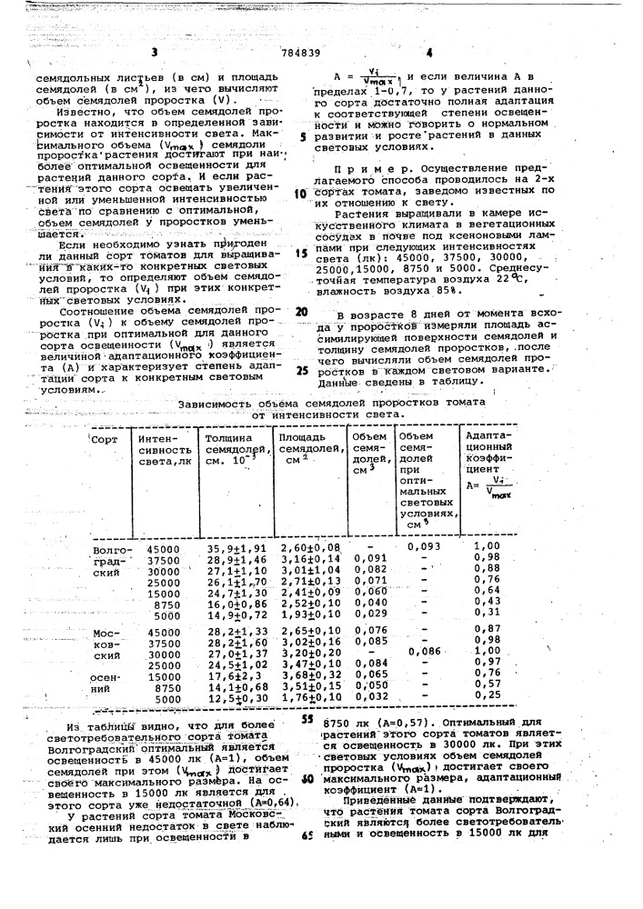 Способ определения степени светотребовательности растений томата (патент 784839)