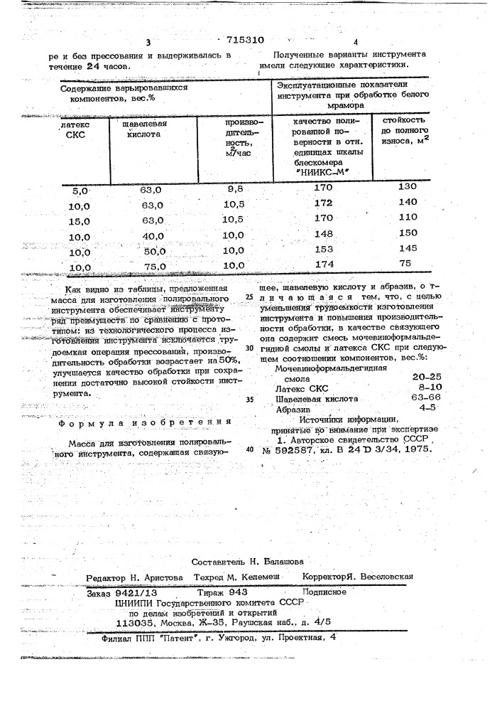 Масса для изготовления полировального инструмента (патент 715310)