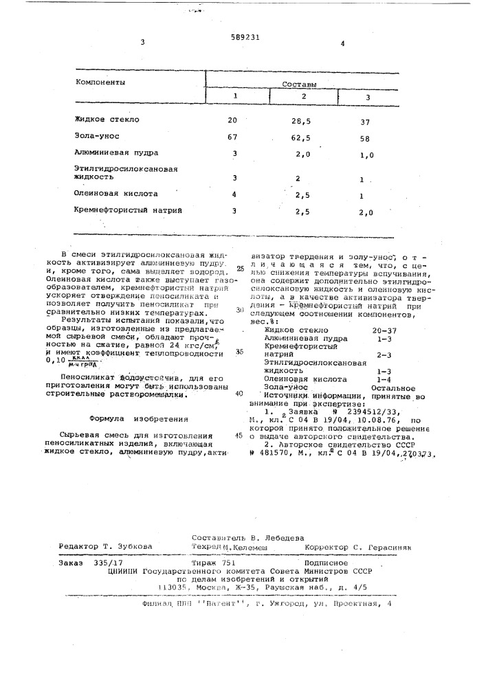 Сырьевая смесь для изготовления пеносиликатных изделий (патент 589231)