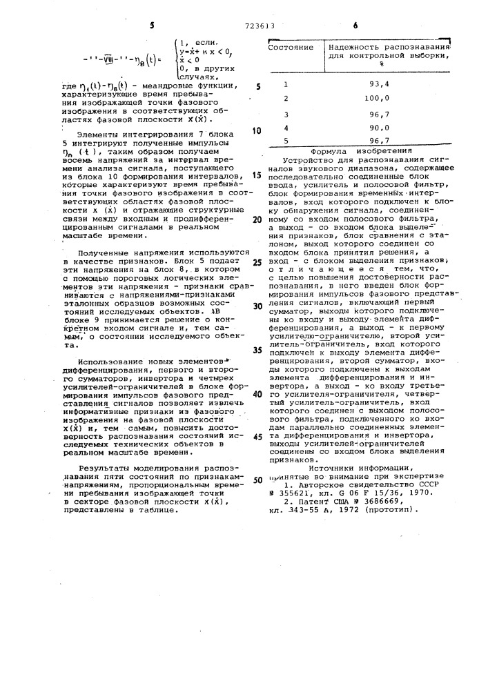 Устройство для рапознавания сигналов звукового диапазона (патент 723613)