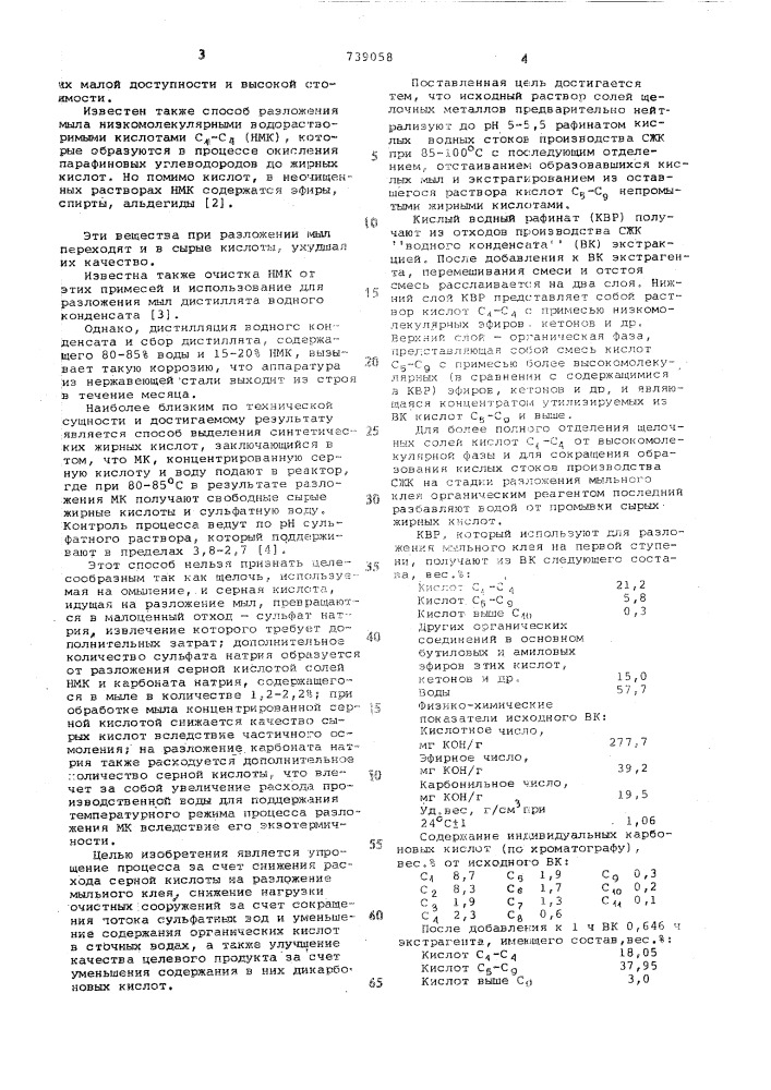 Способ выделения синтетических жирных кислот (патент 739058)