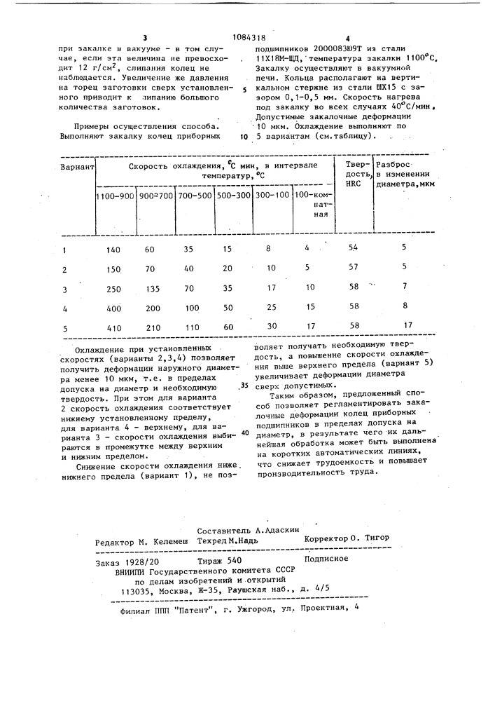 Способ термической обработки колец приборных подшипников (патент 1084318)