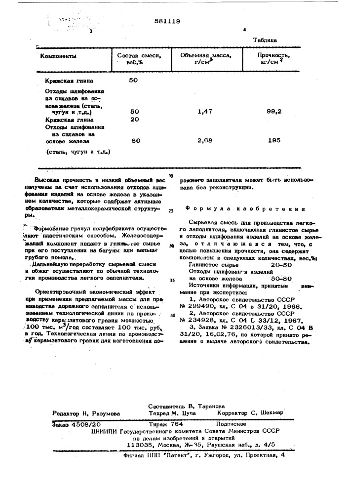 Сырьевая смесь для производства легкого заполнителя (патент 581119)