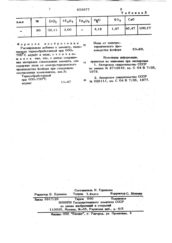 Расширяющая добавка к цементу (патент 833677)