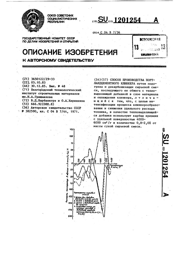 Способ производства портландцементного клинкера (патент 1201254)