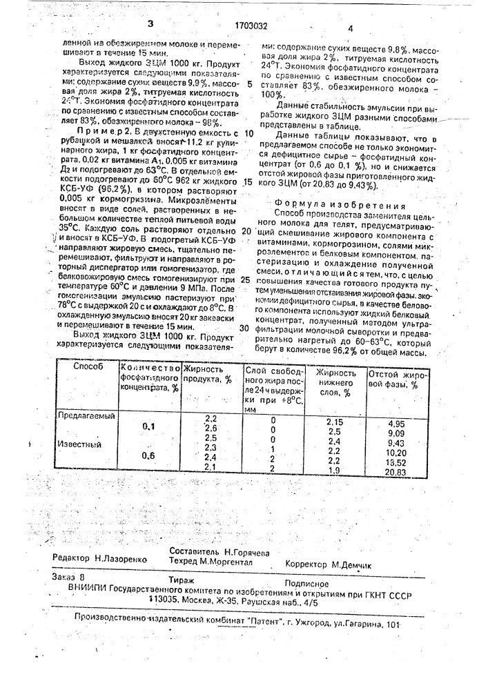 Способ производства заменителя цельного молока для телят (патент 1703032)