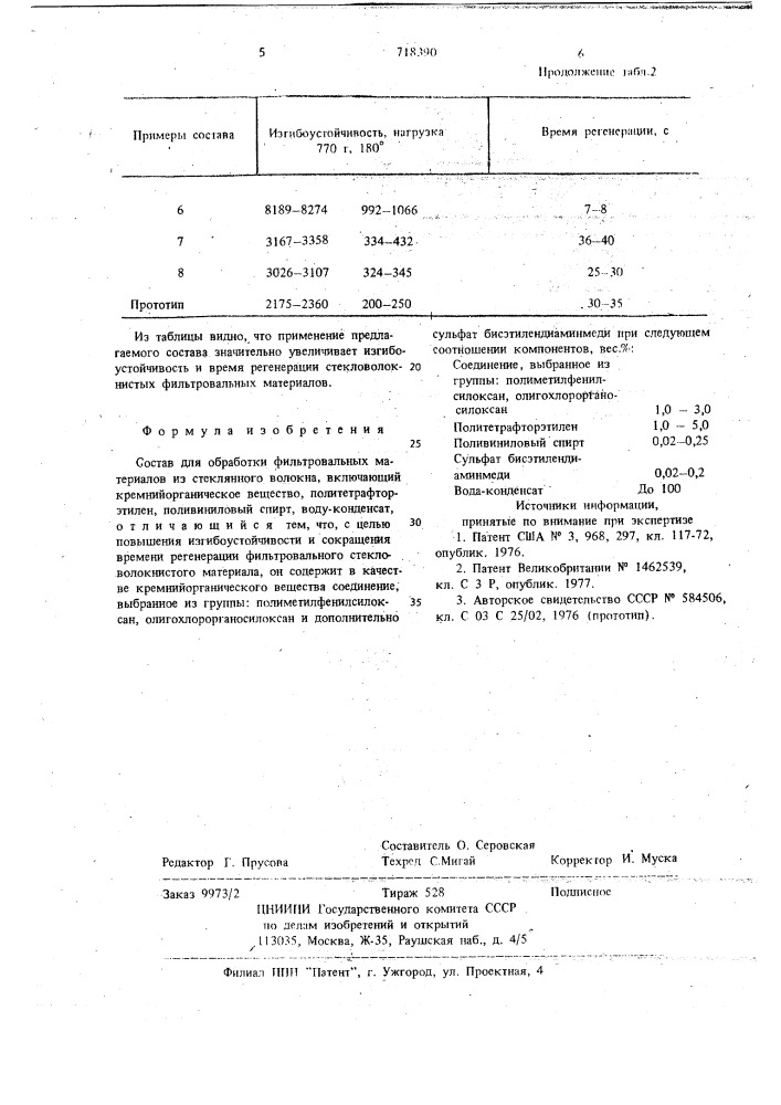 Состав для обработки фильтровальных материалов из стеклянного волокна (патент 718390)