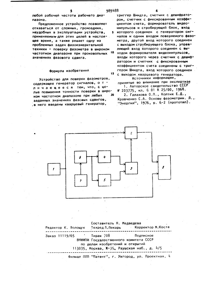 Устройство для поверки фазометров (патент 989488)