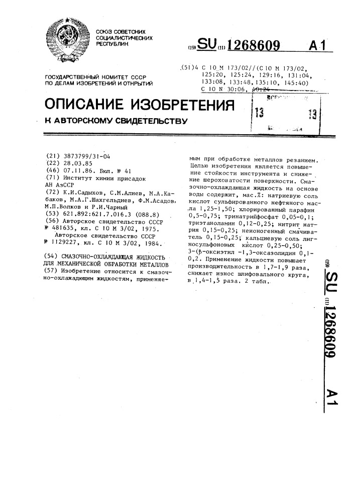 Смазочно-охлаждающая жидкость для механической обработки металлов (патент 1268609)